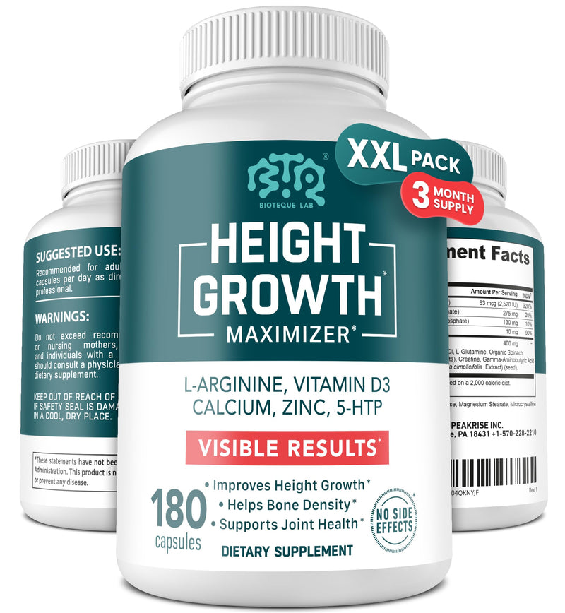 BIOTEQUELAB Height Growth Maximizer, Calcium, Vitamin D3 and Zinc Blend Pills, Bone Growth Supplement for Kids and Teens, Bone Strength, Density Support, GMO-Free, Gluten-Free, Made in USA, 180 Caps 180 Count (Pack of 1)