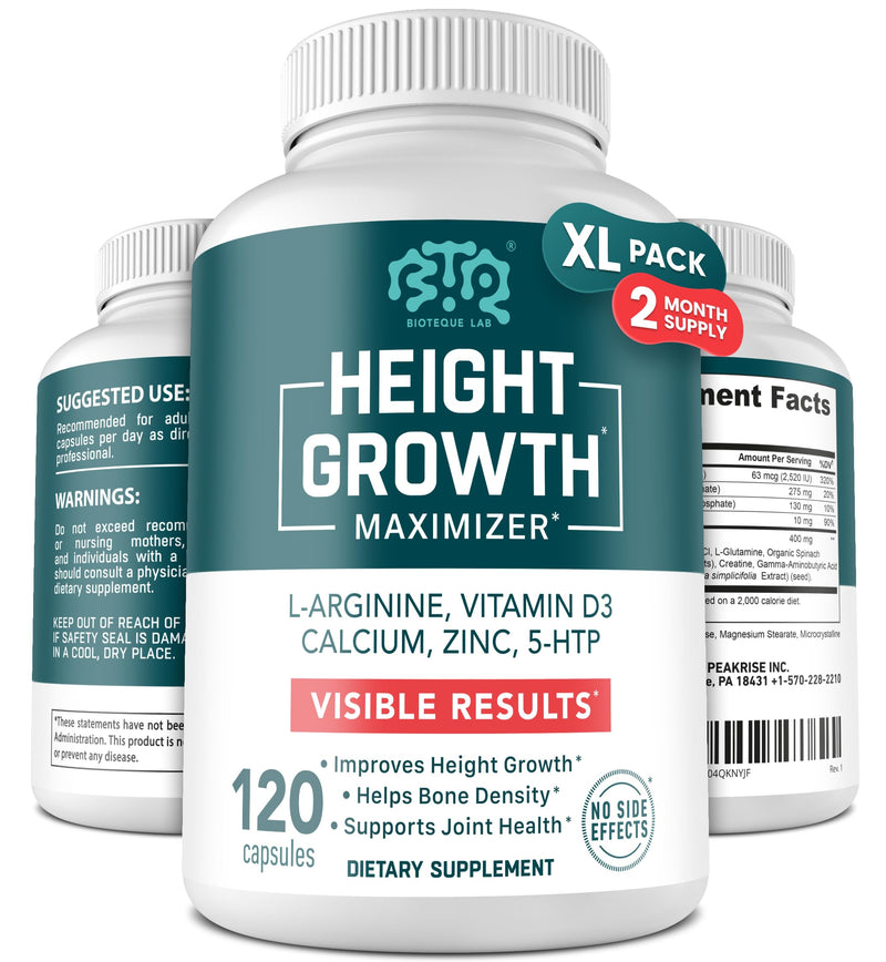BIOTEQUELAB Height Growth Maximizer, Calcium, Vitamin D3 and Zinc Blend Pills, Bone Growth Supplement for Kids and Teens, Bone Strength, Density Support, GMO-Free, Gluten-Free, Made in USA, 120 Caps 120 Count (Pack of 1)