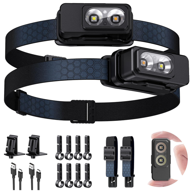 Headlamp Rechargeable 2PCS，Super Bright Motion Sensor Head Lamp with 8 Modes ，Head Lights for Forehead with Clip & Magnetic， IPX7 Waterproof Led Headlamp for Camping, Hunting，Hard Hat