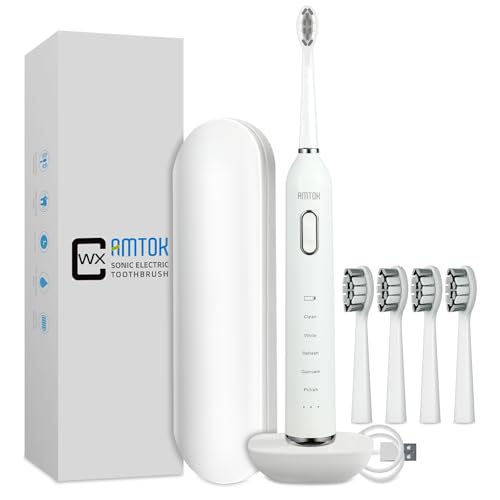 CWX Sonic Rechargeable Electric Toothbrush, Cordless with Fast Wireless Charging, 5 Cleaning Modes & 3 Intensity, 60-Day Battery Life, 4 Brush Heads, Travel Case, IPX7 Waterproof White