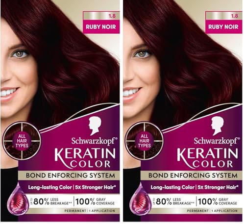 Schwarzkopf Keratin Color Permanent Hair Color, 1.8 Ruby Noir, 1 Application - Professionally Inspired Permanent Hair Dye, for up to 80% Less Breakage vs Untreated Hair and up to 100% Gray Coverage 1 Count (Pack of 2)