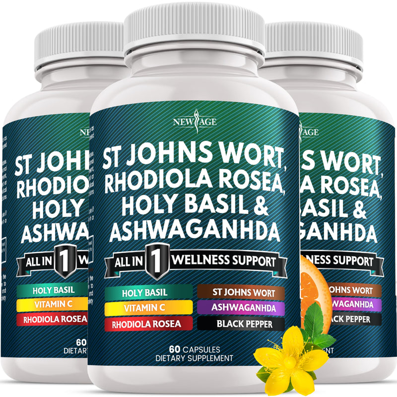NEW AGE St Johns Wort, Rhodiola Rosea, Holy Basil, Ashwagandha - Support for Women and Men with Vitamin C & Black Pepper Extract - 180 Count 60 Count (Pack of 3)