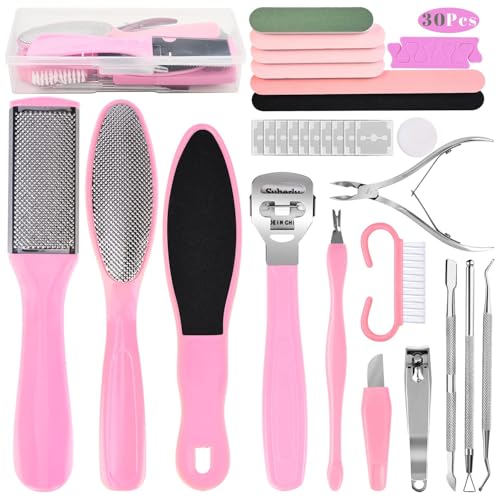 Professional Foot Care Kit, 30-Piece Pedicure Set with Foot File, Callus Shaver, Hard Skin Remover (Pink) Pink