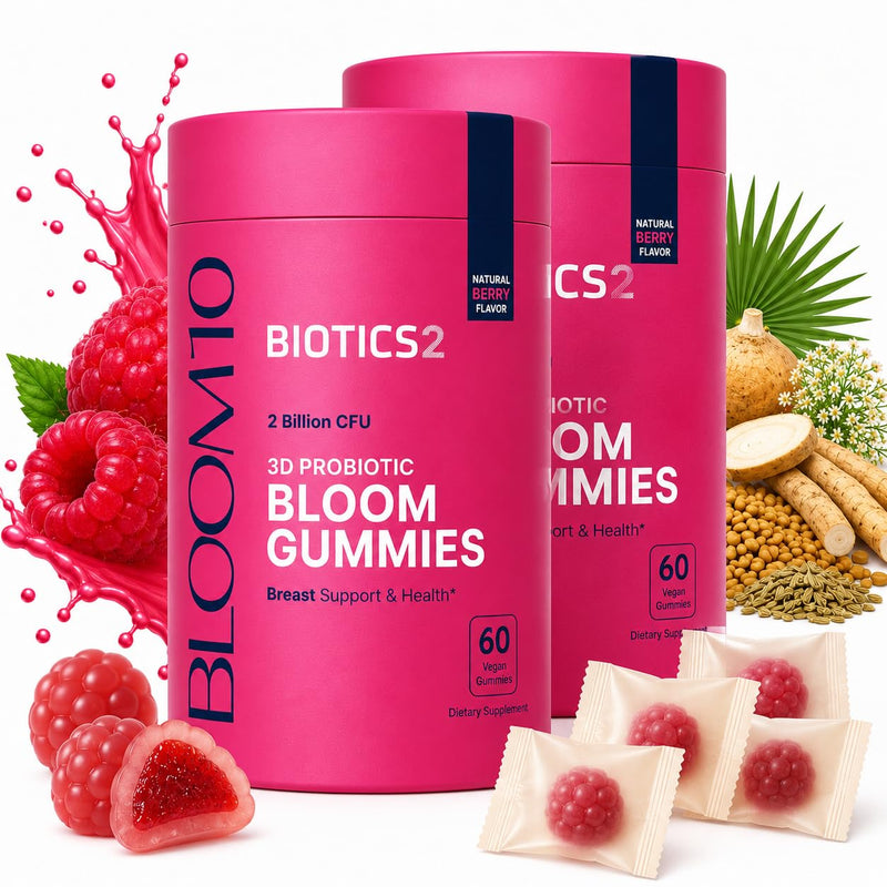 Bloom10 Breast Gummies for Women Bust Support & Health MAX Formula PLUS 2x Billion Probiotics 5x Herbal Supplements Fenugreek, Saw Palm, Wild Yam, 4x Vitamins for BBL Curves | Sugar-Free Vegan 120ct 60 Count (Pack of 2)