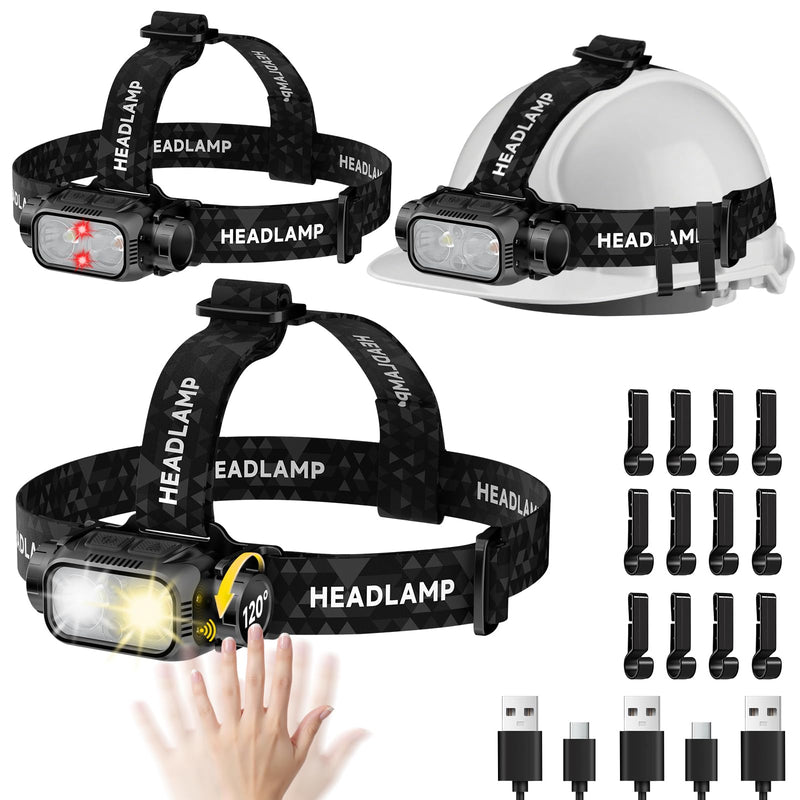 iToncs Rechargeable Headlamp Super Bright High Lumens, 3Pack LED Head Lamp with 5 Modes, 120° Adjustable Head Lights for Forehead, Waterproof HeadLamps for Adults Camping Hunting Hiking Black&White-3-Packs