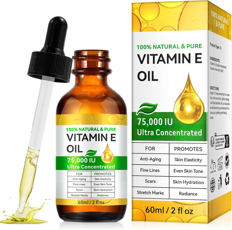 Vitamin E Oil 75,000 IU - 100% Natural and Pure Vitamin E Oil for for Plump Skin, Reduce Fine Lines & Scars, Moisturizing Skin, for Skin, Scars, Face & Full Body-2 Fl Oz