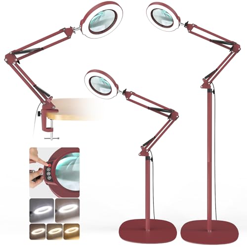 12X Real Glass Magnifying Glass with Light and Stand, LED 5 Color Modes, Stepless Dimmable Magnifying Floor Lamp, 3-in-1 Adjustable Swing Arm Lighted Magnifier Lamp with Clamp for Craft - Red 12X