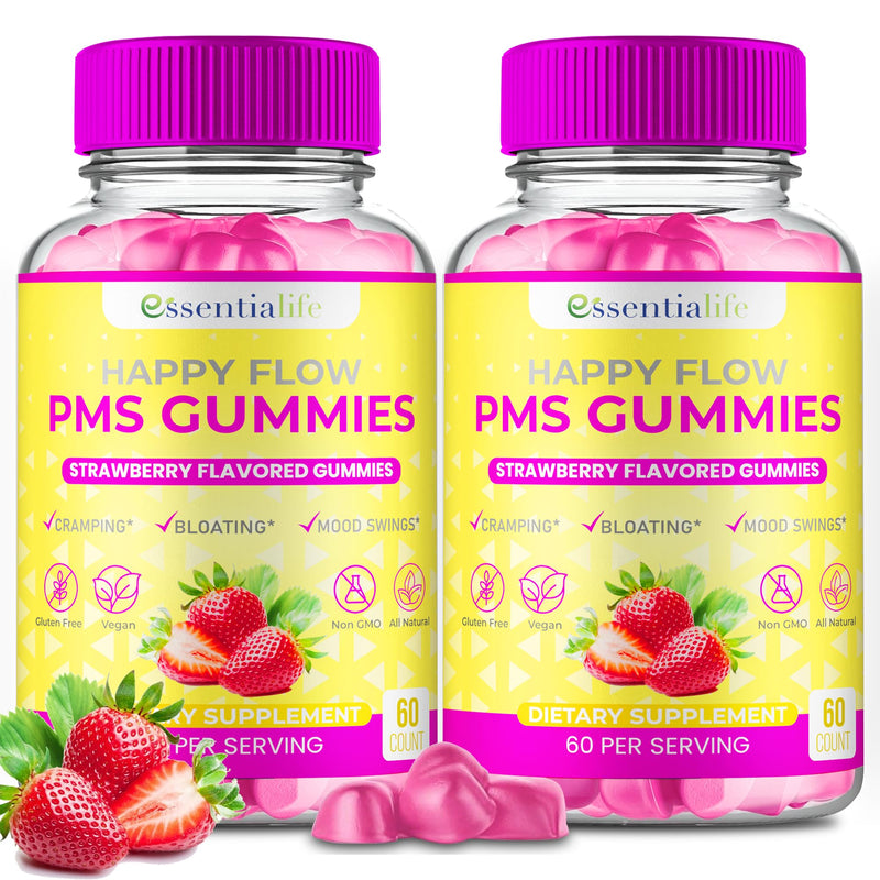 PMS Gummies - Happy Flow PMS Support Supplement for Women - Strawberry PMS Relief Supplement with Vitamin B6 for Hormone Balance, Period Support, Cramps, Hormonal Acne & Bloating Relief (120 Count) 60 Count (Pack of 2)