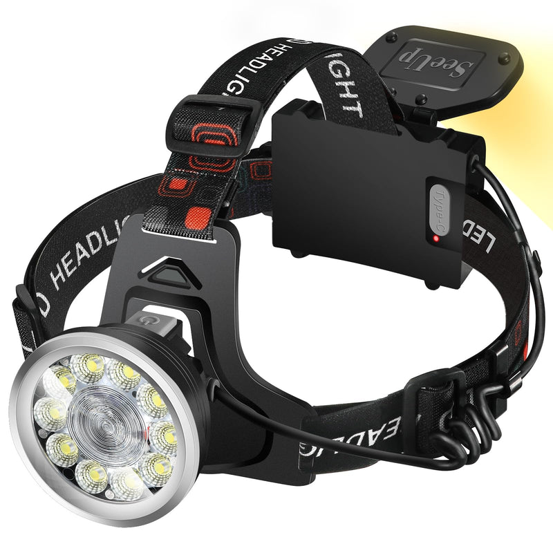 Headlamp Spotlight Flashlight, Bright LED Rechargeable Headlight, Waterproof Head Light with Back Lamp for Outdoor Camping Running Hiking Fishing Cycling (Black, Spotlight & Floodlight) Black
