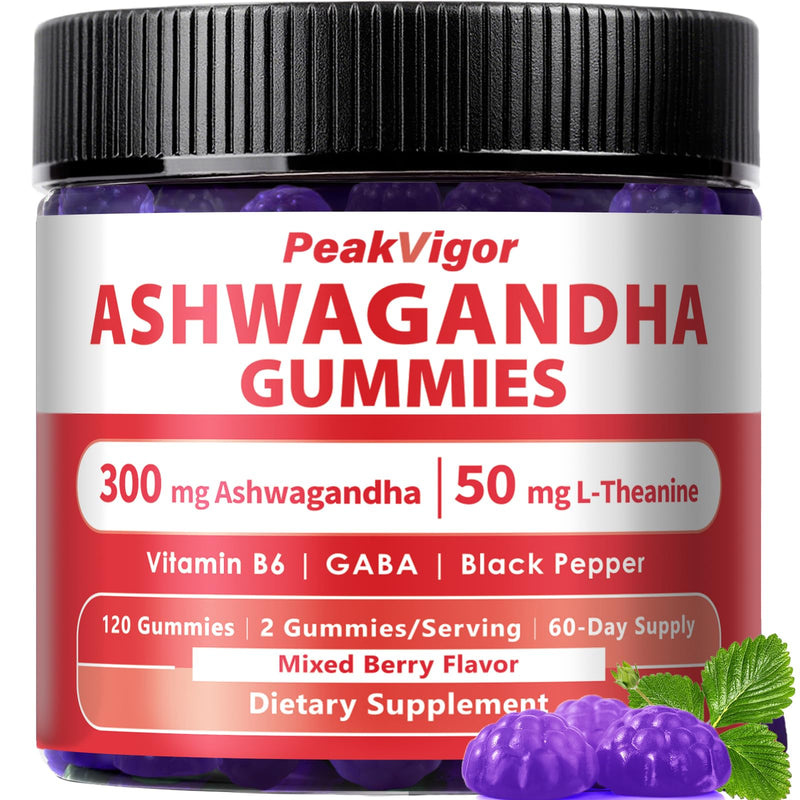 Ashwagandha Gummies 300mg + L-Theanine 50mg, GABA & Vitamin B6 – Plant-Based Mixed Berry Formula with Black Pepper – 120 Count, 60-Day Supply, Non-GMO 120 Count (Pack of 1)