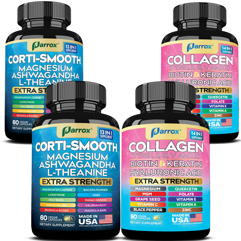 Cortisol & Collagen Bundle, Ashwagandha, Shining Serenity Set, 2 Pack | Ashwagandha, L-Theanine, Magnesium, Lions Mane, GABA, Bacopa, Collagen I-X, Folate, Biotin, Keratin 150 Count (Pack of 2)