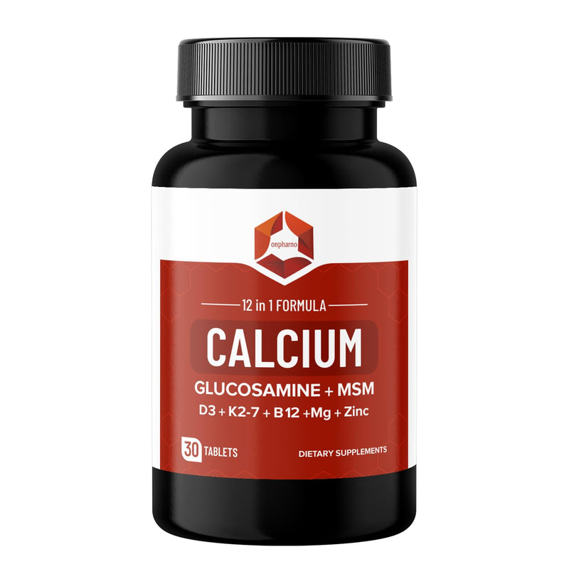 Calcium Tablets with Glucosamine, MSM, Vitamin D3, K2-7, B12, Magnesium & Zinc – 12 in 1 Formula | 30 Tablets | Dietary Supplement