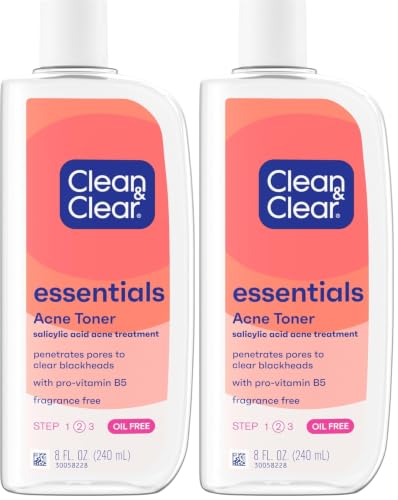 Clean & Clear Essentials Oil-Free Acne Toner, 2% Salicylic Acid Acne Treatment, Gentle Facial Toner for Pimples Cleanses Pores to Clear & Remove Blackheads, Fragrance Free, 8 fl. oz (Pack of 2) 8 Fl Oz (Pack of 2)