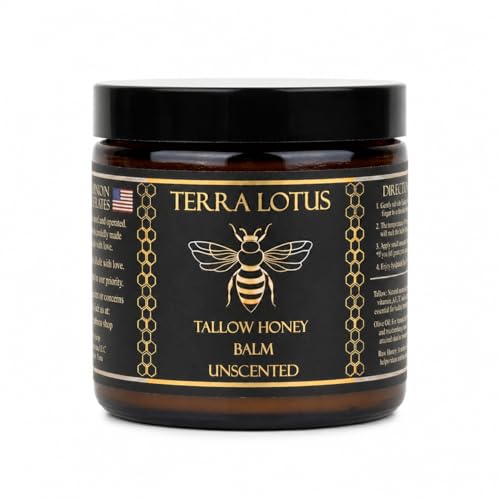 Terra Lotus - Organic Grass-Fed Beef Tallow Balm with Raw Honey - Moisturizing Cream - Handmade All-Natural Moisturizer (4 Oz, Unscented) 4 Fl Oz (Pack of 1)