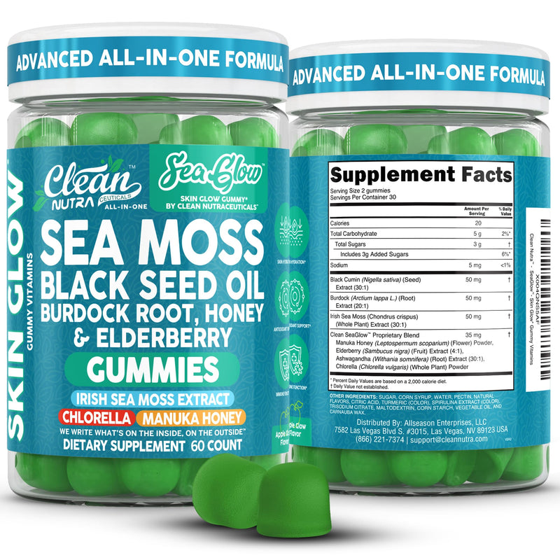 Clean Nutra Sea Moss Gummies Black Seed Oil Chlorella Ashwagandha Root Hair Growth Skin Glow Irish Sea Moss Elderberry Burdock Manuka Honey Trace Minerals Detox 60 Gummy Vitamins Sea Glow Supplement