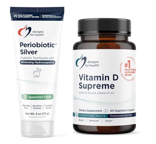 Designs for Health Hydroxyapatite Periobiotic Silver Toothpaste + Vitamin D Supreme Bundle - Fluoride Free with Oral Probiotics for Gum Health + D3 5000 IU w/Vitamin K for Bone, Heart, Immune Support