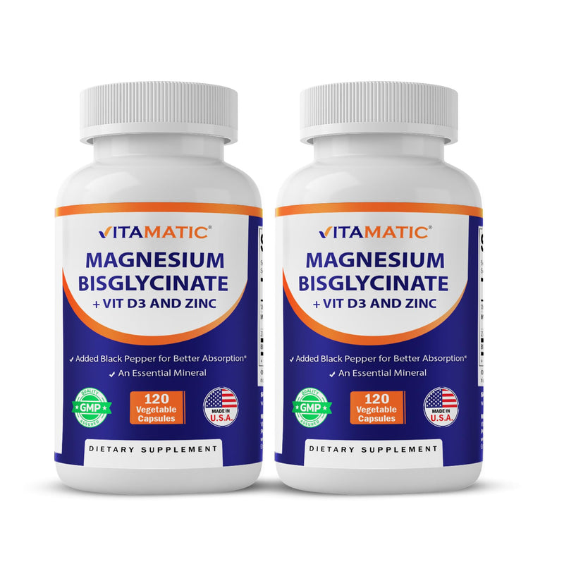 Vitamatic Magnesium (from Bisglycinate & Oxide) with Vitamin D3 & Zinc - 120 Veg Capsules - Supports Muscle, Joint, Nerve & Heart Health – Non-GMO, Gluten-Free - 2 Pack