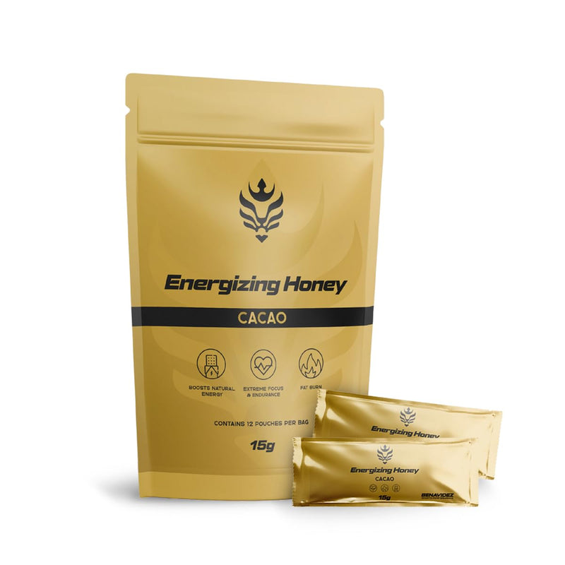 Benavidez Energizing Honey + Cacao Gel - 12 × 15 g Single-Serve Pouches | Raw Honey & 3.6 g Cacao with L-Carnitine, Taurine, B-Vitamins | Natural Endurance Fuel | Caffeine Free