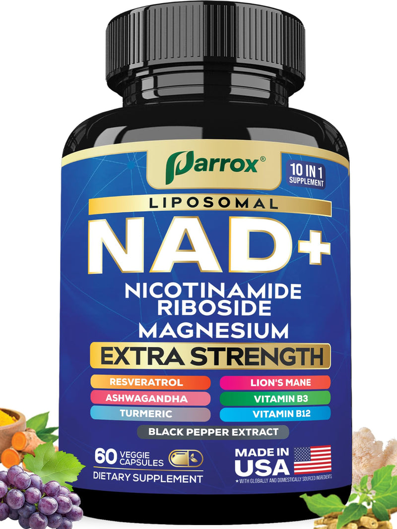 NAD+ Supplement, Liposomal Nicotinamide Riboside, 10-in-1, 60 Capsules | Nicotinamide Riboside, Magnesium, Vitamins B3 & B12, Resveratrol, Turmeric, Ashwagandha & Lion's Mane 60 Count (Pack of 1)