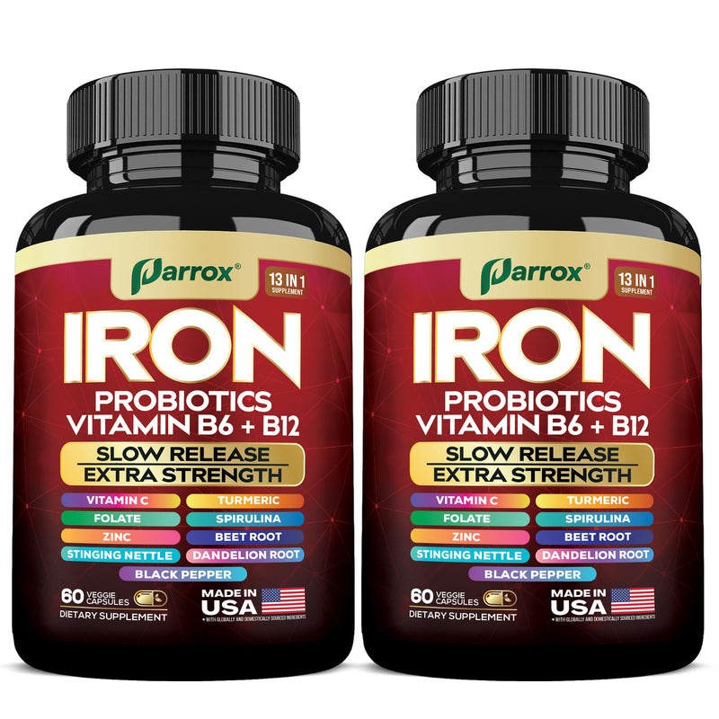 Iron Bisglycinate Supplement, Slow Release Probiotics, 60 Caps, 2 Pack | With Probiotics, Spirulina, Turmeric, Vitamins B6, B12, C, Zinc, Beetroot, Nettle Leaf, Dandelion Root 60 Count (Pack of 2)