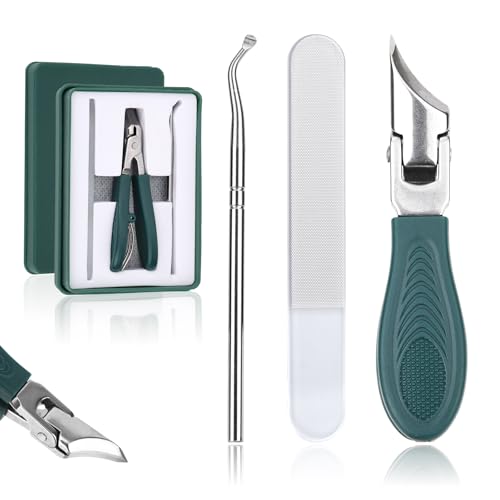 3pcs Ingrown Toenail Clippers Set, Professional Slanted Beveled Eagle Beak Curved Nail Clippers with File & Tear Tool for Thick Nails & Seniors (Green) Green, Silver