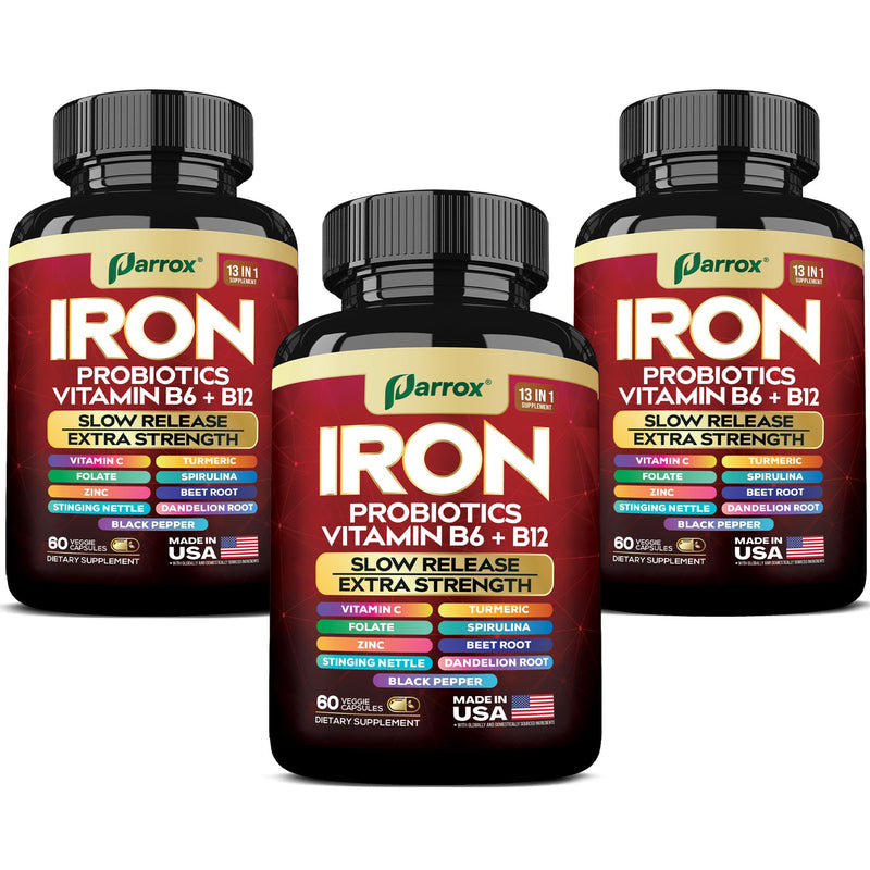 Iron Bisglycinate Supplement, Slow Release Probiotics, 60 Caps, 3 Pack | With Probiotics, Spirulina, Turmeric, Vitamins B6, B12, C, Zinc, Beetroot, Nettle Leaf, Dandelion Root 60 Count (Pack of 3)