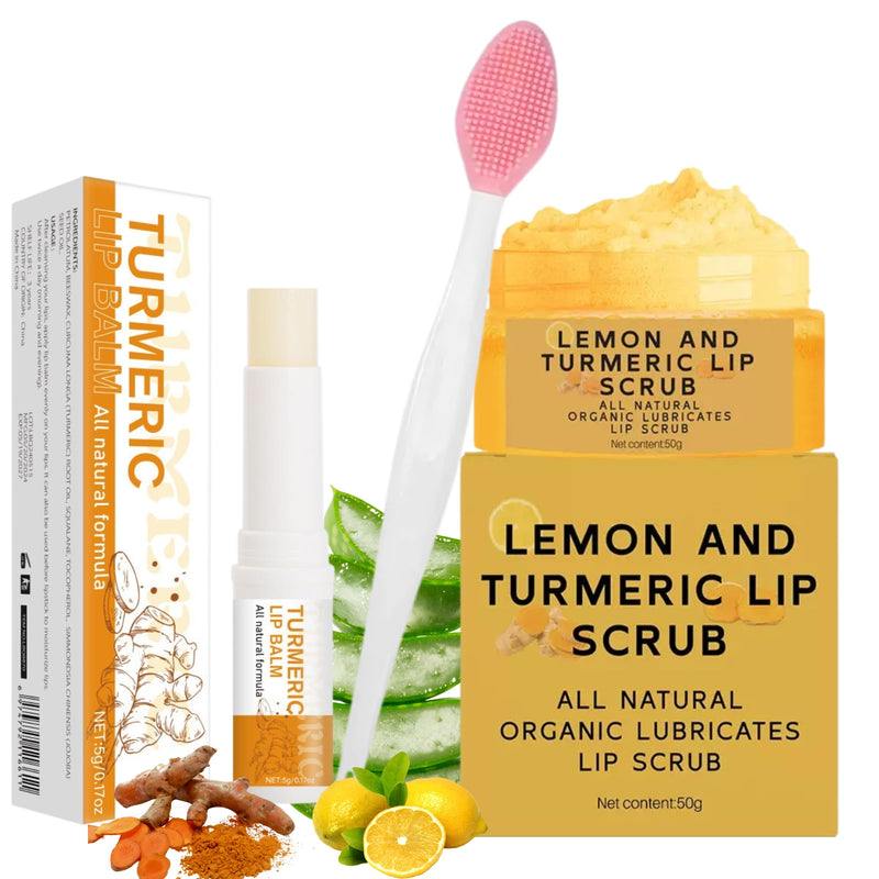 3PCS Turmeric and Lemon Lip Scrub & Turmeric Lip Balm with Brush Set, Eliminate Lip Fine Lines, Lip Scrubber Exfoliator, Natural Nourish Sugar Lip Scrub for Dry, Dull Chapped, Dark Lips