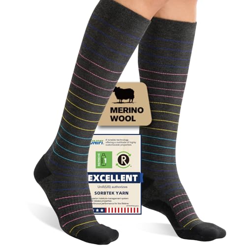 Merino Wool Compression Socks for Women Men 15-20 mmHg for flying Large-X-Large Red&Yellow&Blue