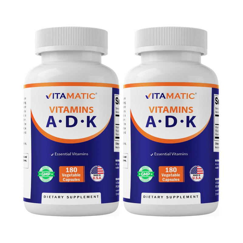 Vitamatic ADK Vitamin Supplement, 180 Veg Capsules, High Potency Vitamins A, D3, K2 for Bone Health, Calcium Absorption, Non-GMO, Gluten Free - 2 Pack