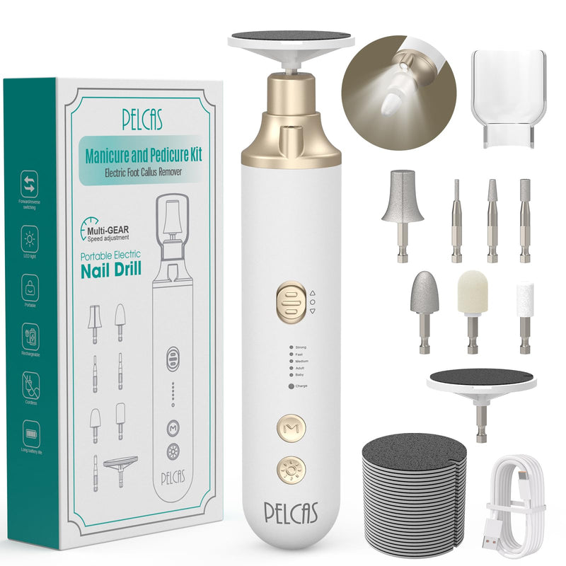 PELCAS 8 in 1 Cordless Nail Drill, Electric Nail Filer 5 Speeds Manicure & Pedicure Kit with LED Light, Electric Foot Callus Remover for Foot Callus, Toenail, Thick Nails, Finger Nails Golden - BeesActive Australia