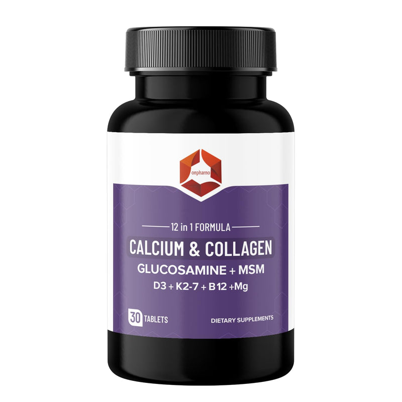 12-in-1 Calcium & Collagen Supplement – Glucosamine, MSM, D3, K2-7, B12, Magnesium – 30 Tablets – Non-GMO, Gluten-Free, Soy-Free