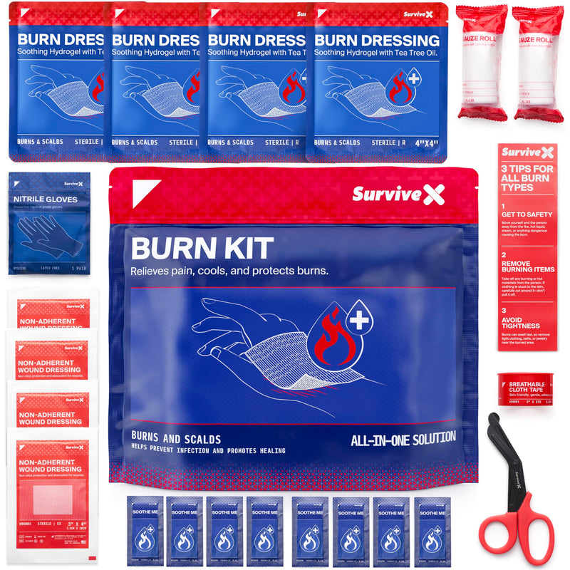SurviveX Burn Dressing Kit with Tea Tree Oil - Hydrogel Burn Pads, Cooling Gels, Non-Adhesive Dressings & Gauze - Complete First Aid Accessory for Instant Cooling, Soothing & Burn Relief