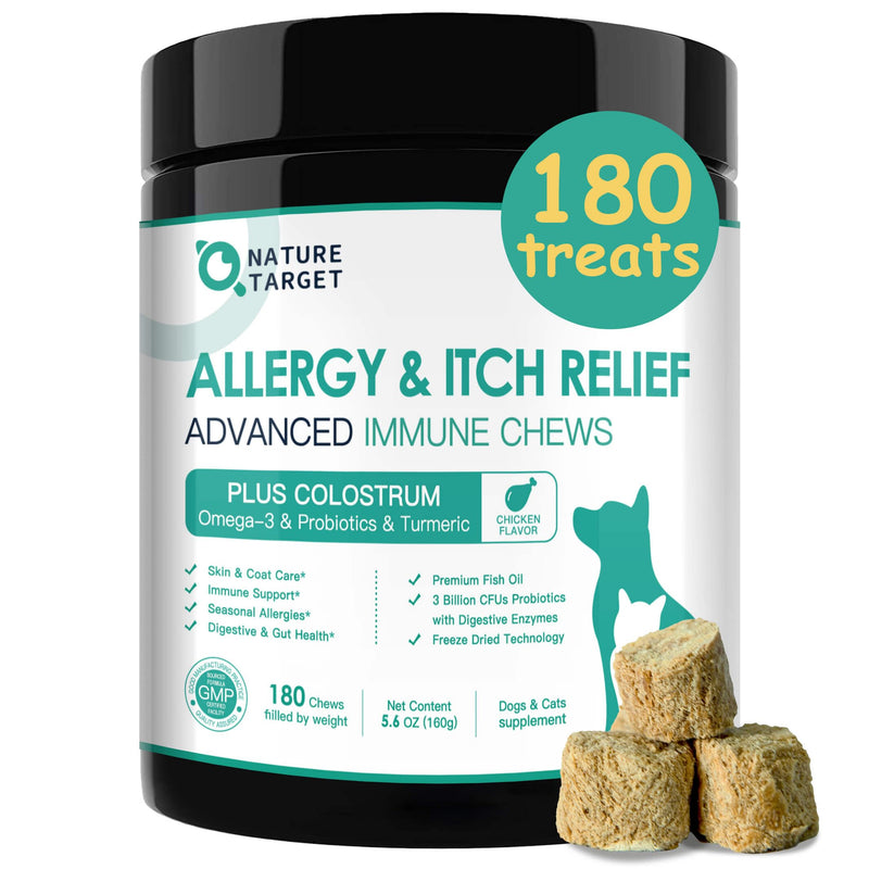 NATURE TARGET Dog Allergy Chews - Dog Allergy Relief, for Skin, Coat, Anti-Itch, Seasonal Allergies, Scratching, Pawlicking, 180 Freeze Dried Chews 180 Counts
