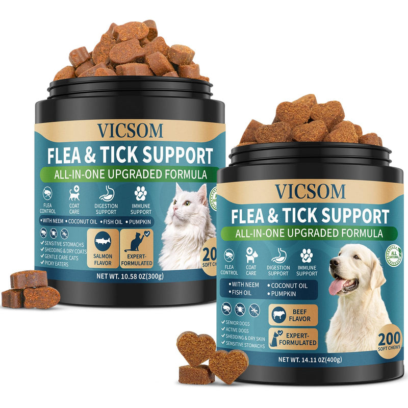 Flea and Tick Prevention for Dogs & Cats Chewable, 400 Treats (200 Dog + 200 Cat) – Natural Oral Flea Treatment for Dogs & Cats with Skin & Digestive Support, Beef & Salmon Flavor, All Breeds & Ages