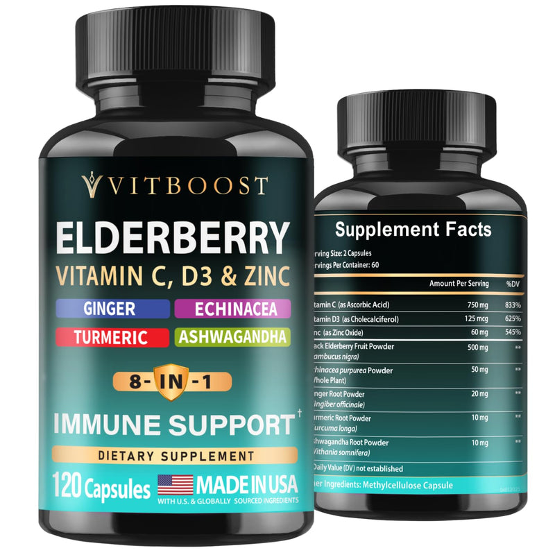 VITBOOST Immune Support Supplement 8 in 1 with Vitamin D 5000 IU - 120 CT | Elderberry Formula with Echinacea, Vitamin C & Zinc, Turmeric, Ginger, Ashwagandha 120 Count (Pack of 1)