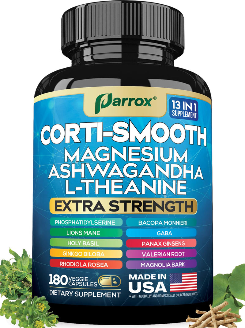 Cortisol Supplement, 11-in-1 Magnesium & Ashwagandha, Corti-Smooth, 180ct | Magnesium, L-Theanine, Ashwagandha, Magnolia Bark, Panax Ginseng, Bacopa, GABA, Lions Mane, Ginkgo Biloba 180 Count (Pack of 1)