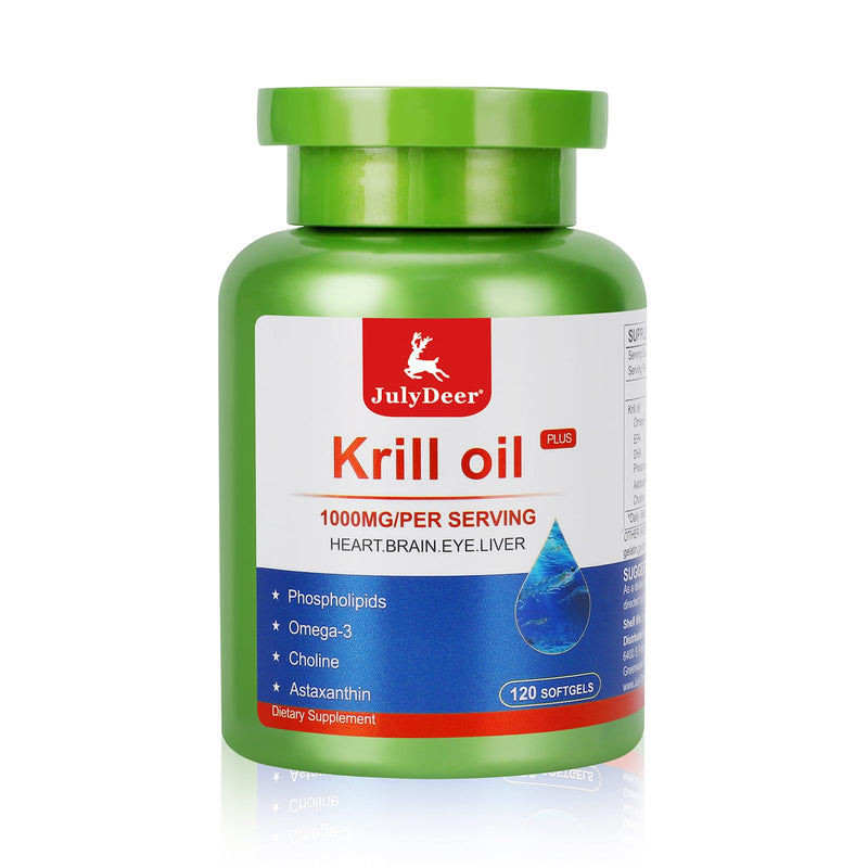 JulyDeer Krill Oil 1000 mg with Omega 3 Antarctic Krill No Fishy Aftertaste | 120 Softgels with EPA, DHA, Astaxanthin and Phospholipids Supplement for Joint, Heart, Brain and Immunity 120 Count(pack 1)