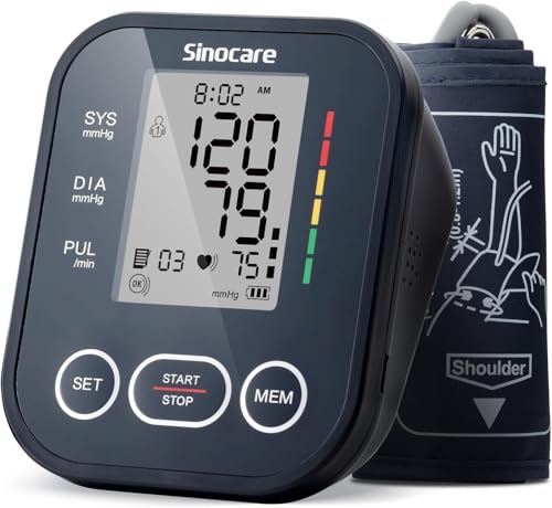 Sinocare Blood Pressure Monitor, Upper Arm Blood Pressure Monitors for Home Use, Adjustable Arm Cuff 8.6"-16.5", One-Button Operation, Dual User, Accurate & Practical (Black) Black