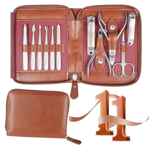 Manicure Set 11 in 1 Stainless Steel Nail Clippers for Men，Manicure Kit for Women，Nail Grooming Kit，Nail Clipper Set，Personal Care Tools Brown