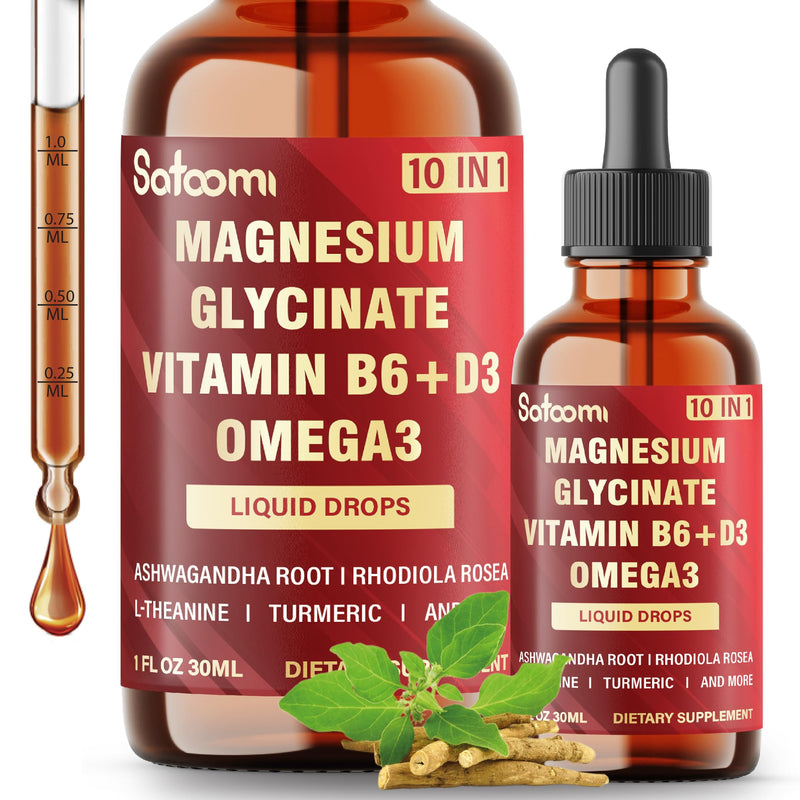 10in1 Magnesium Glycinate Liquid Drops – Magnesium Complex Supplement with Omega3, Vitamin D3, Vitamin B6, Ashwagandha and More - Supports Overall Wellness - 1 FL Oz - 1 Month Supply