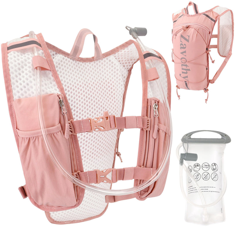 Zavothy Hydration Running Vest for Men & Women – Lightweight 1.5L Hydration Pack with Phone Pockets, Water Bottle Holders, Reflective Strips, Rain Cover – Trail Running, Cycling, Marathon Pink 1.5L Bladder
