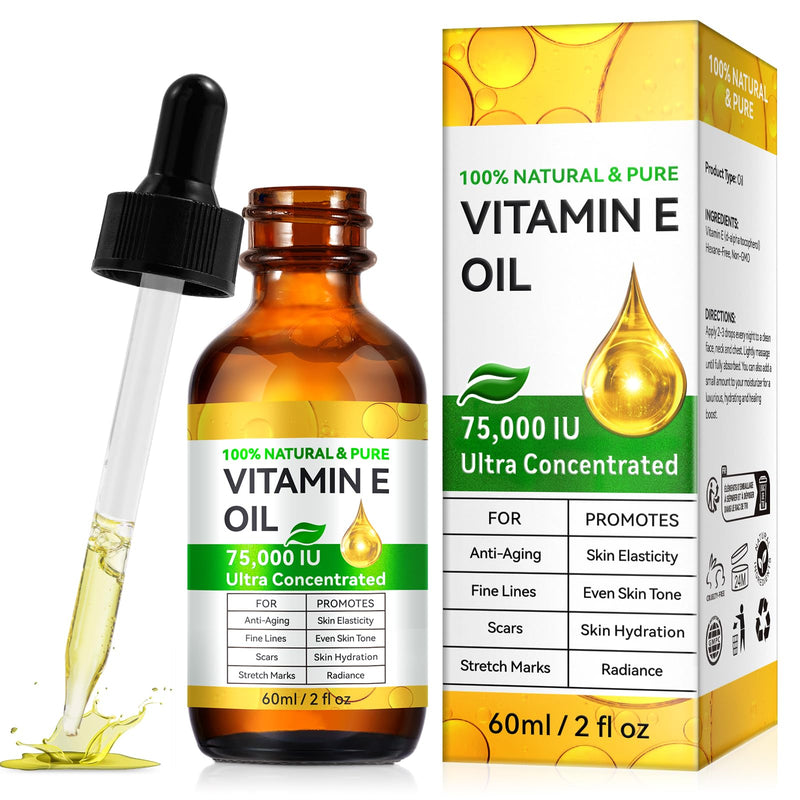 Vitamin E Oil, Ultra Concentrated Vitamin E Oil for Skin, Face, Hair, and Scars, 100% Natural & Pure-Non-GMO, 2 Fl Oz