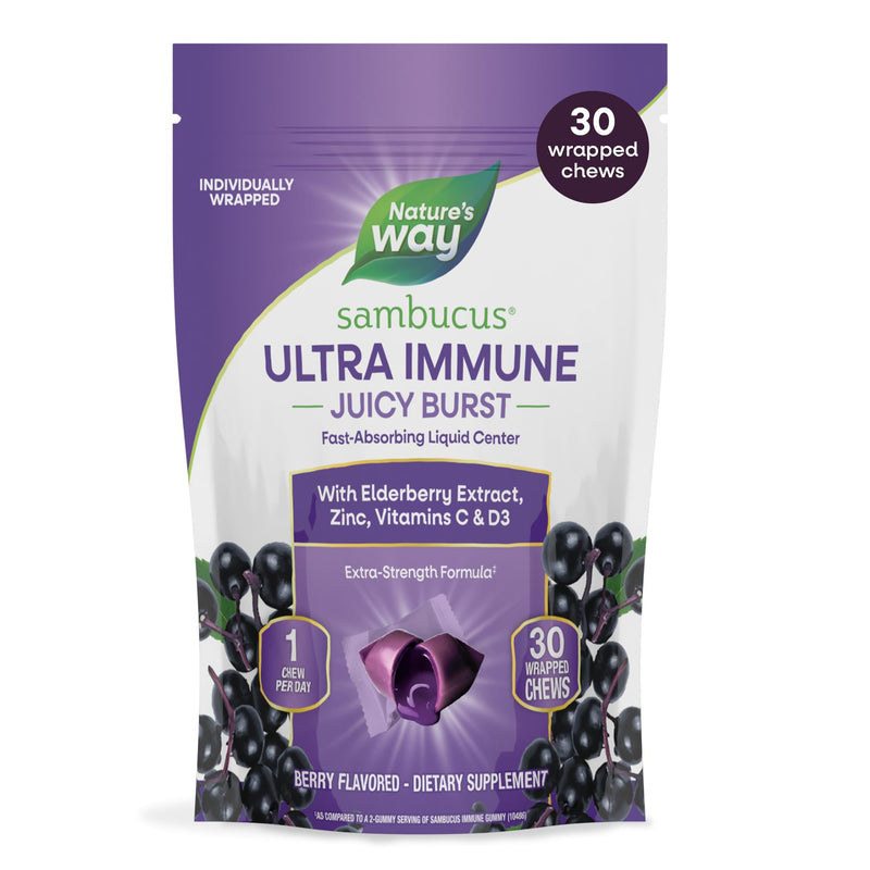Nature's Way Sambucus Ultra Immune Juicy Burst Chews*, Berry, 30 ct | Immune Support Chews with Extra-Strength Formula(1)*, Elderberry Chews with Vitamin D3, Vitamin C & Zinc, Elderberry Extract