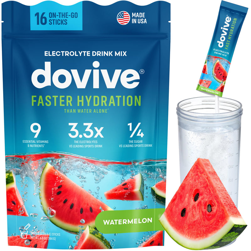 Electrolyte Drink Mix | 16 Instant Hydration Packets w/ 920mg Hydrate Electrolytes | Low-Sugar (7g) Electrolytes Hydration w/Vitamins C, B3, B5, B6, B12 and Na, Ca, Mg, K, Zn (Watermelon)