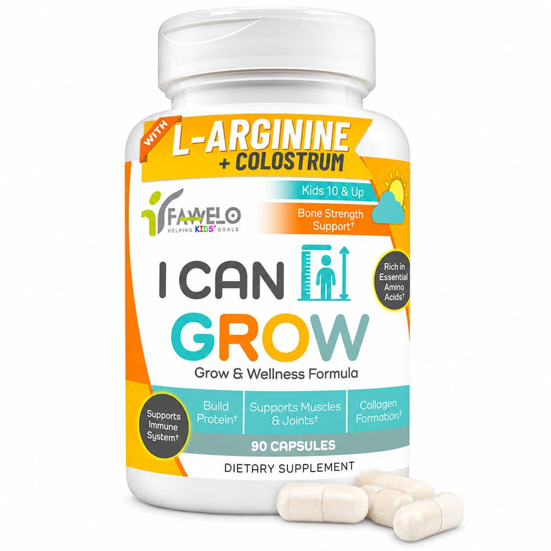 I Can Grow Day-Time Growth Support for Kids 10+ & Teens, 90 Capsules | Bone and Muscle Strength, Focus Support with L-Arginine, L-Ornithine, L-Glycine, Colostrum, Calcium, D3, Magnesium, Zinc
