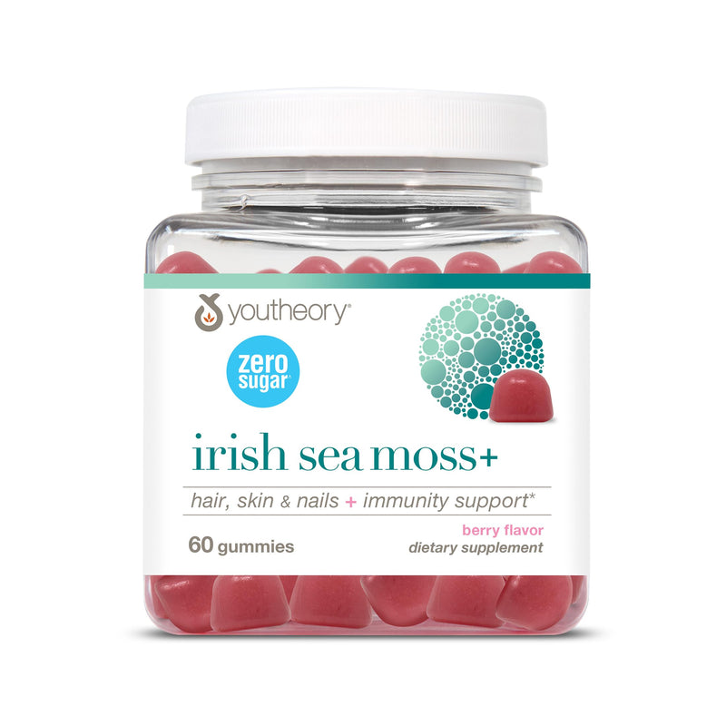 Youtheory Zero Sugar Irish Sea Moss Gummy, Berry, 60 Count, 30-Day Supply | Irish Sea Moss with Biotin and Vitamins C and D, Supports Hair, Skin, Nails, and Immune Health*, Delicious Sugar-Free Gummy 60 Count (Pack of 1)