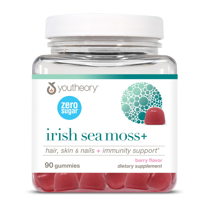 Youtheory Zero Sugar Irish Sea Moss Gummy, Berry, 90 Count, 45-Day Supply | Irish Sea Moss with Biotin and Vitamins C and D, Supports Hair, Skin, Nails, and Immune Health*, Delicious Sugar-Free Gummy 90 Count (Pack of 1)