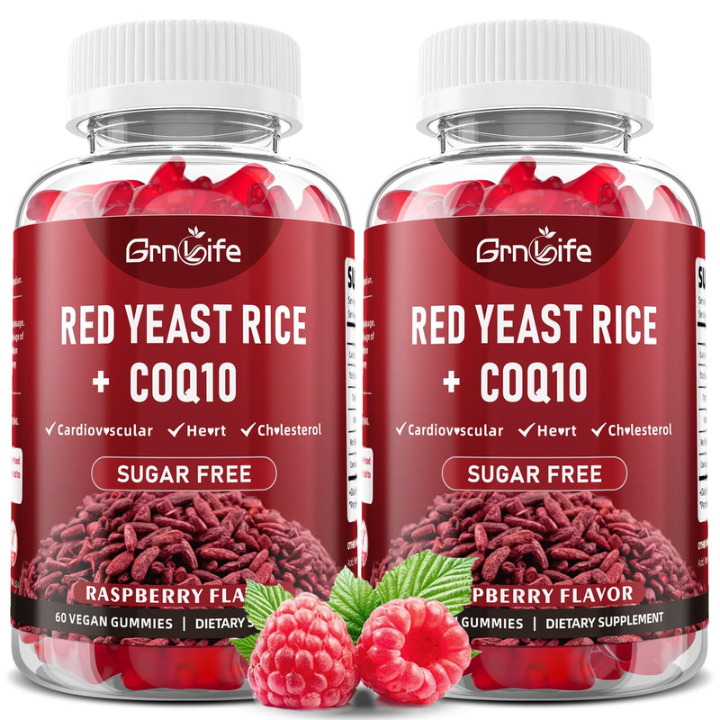 2 Pack Red Yeast Rice with Coq10 Gummies, Red Yeast Rice Supplement, Sugar Free, Raspberry Flavor, 120 Count - BeesActive Australia
