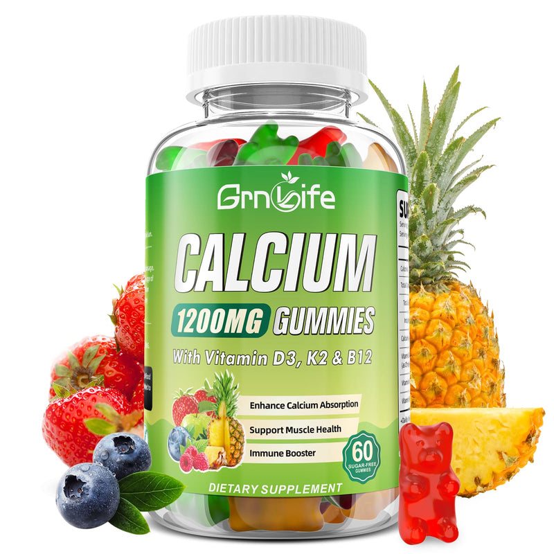 Calcium Citrate 1200mg with Vitamin D3 Supplements Gummies for Women & Men, Calcium Gummies with Vitamin D3 K2 & B12, High Absorption for Muscle & Immune, Mixed Flavors, 60 Count 60 Count (Pack of 1)