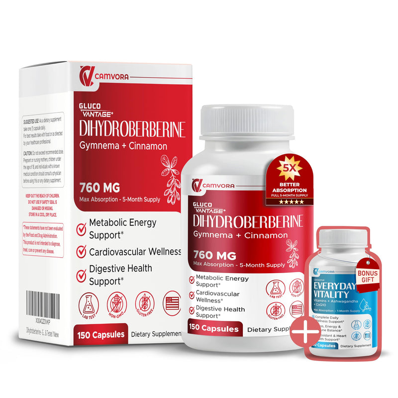 Dihydroberberine - GlucoVantage - Super Berberine 760 MG with Cinnamon Gymnema Fenugreek - Maximum Absorption - Support Gut Health, Metabolism - Non GMO, Gluten Free - Made & Tested in the USA 150 count (pack of 1)